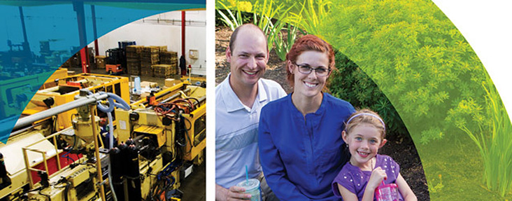 A collage showing a Public Works facility and a smiling family in a park.