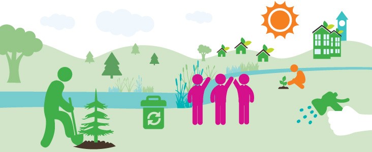 An illustration of volunteers planting along the Sturgeon River
