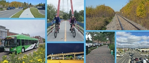 A collage of transportation options from walking to rail, and biking to busing