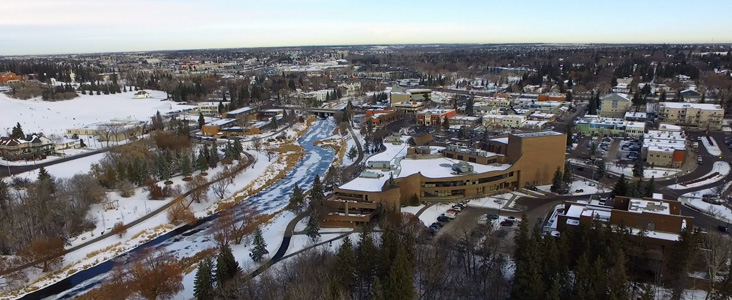 An aerial view of St. Albert Place and downtown St. Albert in winter