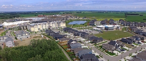 An aerial view of Erin Ridge North with a mix of uses, parks and stormwater ponds