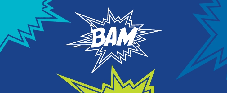 BAM logo with starbursts around it