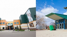 Exterior shots of Servus Credit Union Place and Fountain Park Recreation Centre in Saint Albert, Alberta