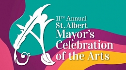 The Mayor's Celebration of the Arts logo sits on top of a colourful, wavy, abstract background.