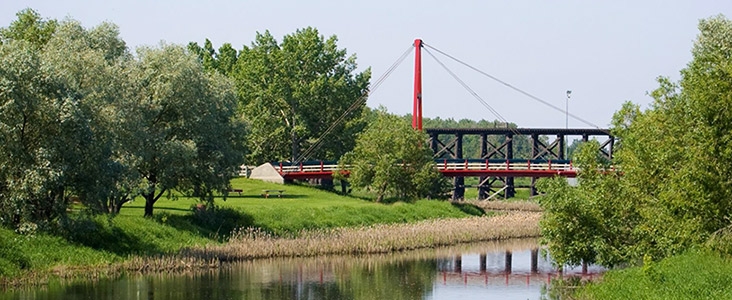 Sturgeon River lined with grass and trees in the summer with the Children's and Trestle Bridges in the background