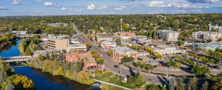 An aerial view of the Perron District, also known as Downtown St. Albert