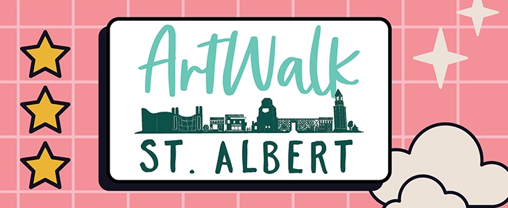 Artwalk St. Albert logo with pink background, clouds and stars