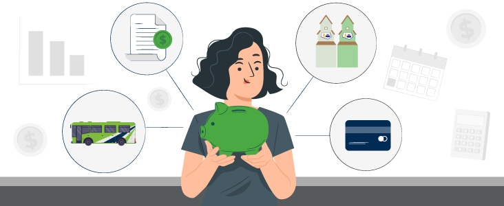 Person holding piggy bank with icons representing expenses, reporting, planning and savings