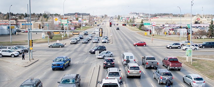St. Albert Trail intersection with vehicles turning