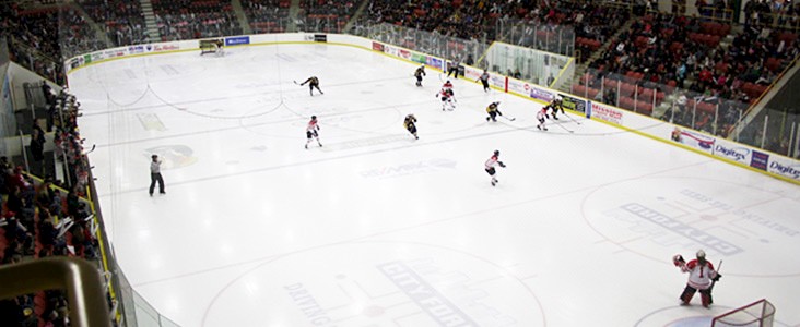 Photo of a hockey game at Servus Place in the Go Auto arena