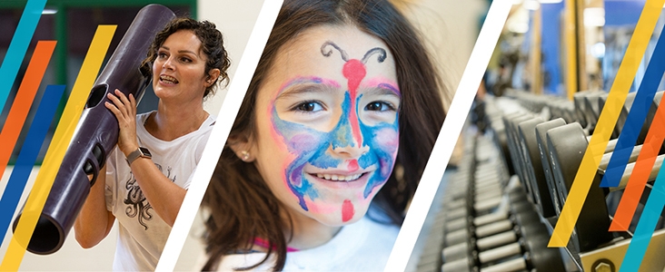 Banner image with 3 photos; one with an adult woman in fitness class; one with a child with face painted; one with free weights equipment