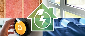 Image of a green house with energy symbol and pictures of insulation, windows, smart thermostat, and a high efficiency furnace.