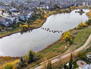 Aerial view of Dixon's Pond in North Ridge neighbourhood in Saint Albert, Alberta
