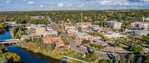 An aerial view of Downtown St. Albert and the Sturgeon River
