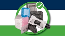 Collage image of acceptable Styrofoam products including a blue meat tray, pink flexible styrofoam and white packaging blocks.