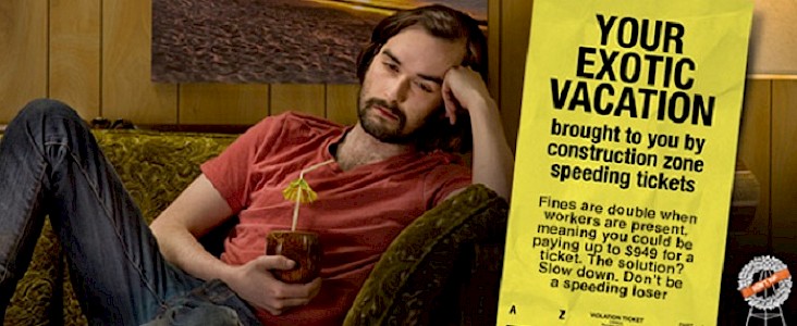 Photo of man, who looks like he is sick, sitting on a couch with a banner on the right that says Your Exotic Vacation