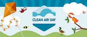 Illustration of birds, a bee and a kite with the words Clean Air Day