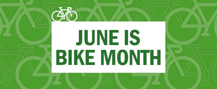 Green background with illustration of bikes on top and the words - June is bike month