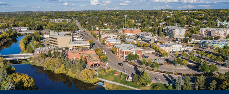 Aerial photo of downtown St. Albert including the river.