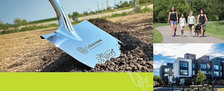 A shovel digging into dirt, a family walking a dog along a path and a new set of townhomes