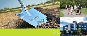 A shovel digging into dirt, a family walking a dog along a path and a new set of townhomes